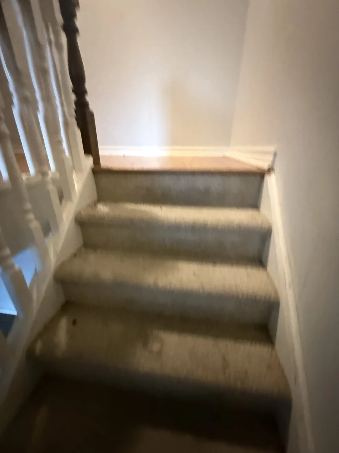 Carpeted residential staircase before the proposed flooring update